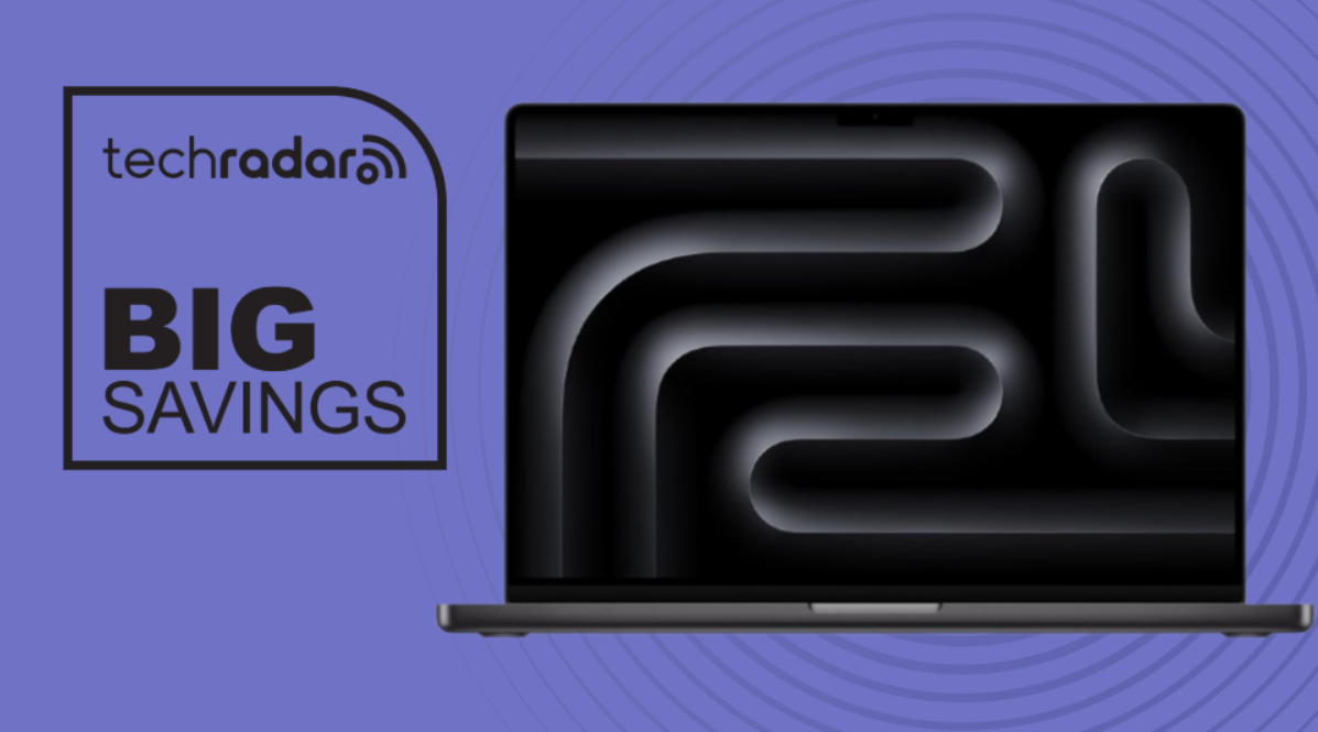 Apple MacBook Pro 16-inch M4 Pro on a purple background next to a TechRadar badge reading 'Big Savings'