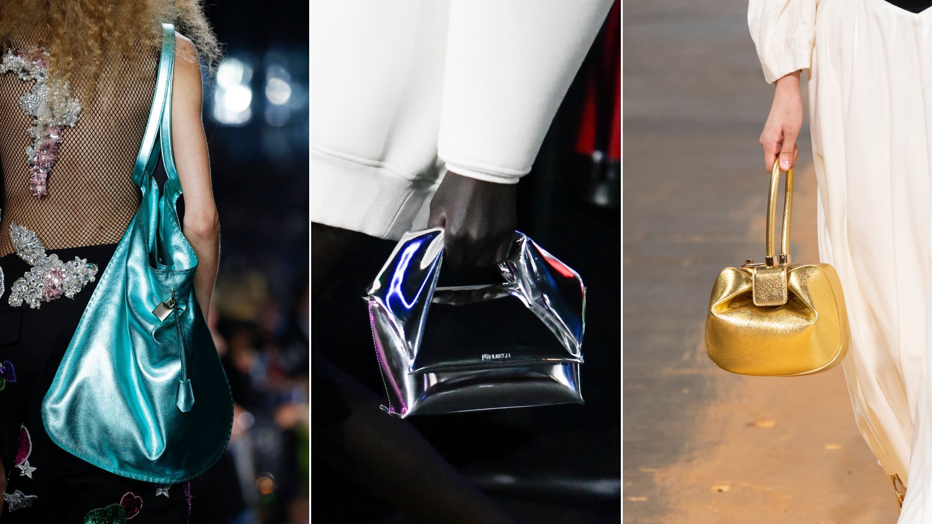 handbag trends 2023 illustrated by three metallic bags on the catwalk
