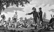 Lewis and Clark talking with natives during their exploratory journey west of the Mississippi River. 