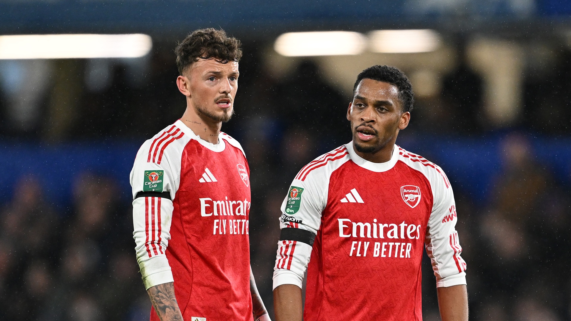 LONDON, ENGLAND - JANUARY 14: Ben White of Arsenal and Jurrien Timber of Arsenal speak during the Carabao Cup Semi Final First Leg match between Chelsea and Arsenal at Stamford Bridge on January 14, 2026 in London, England. (Photo by Justin Setterfield/Getty Images)