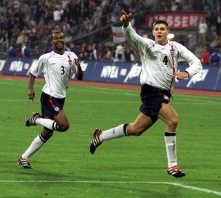 Gerrard's first senior goal for England came in their 5-1 World Cup qualifying win against Germany in Munich in 2001. He would go on to win 114 caps