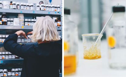 woman looking at various bottles, next to glass container holding yellow substance 