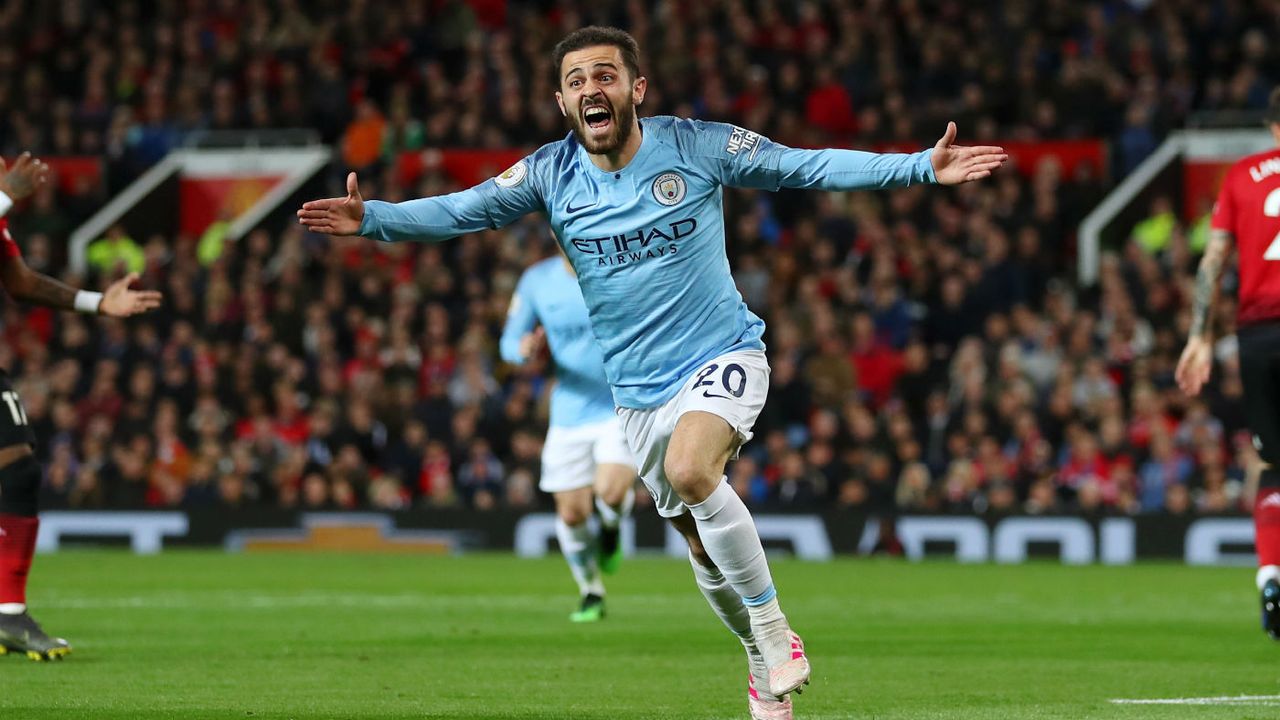 Man City’s Bernardo Silva celebrates the opening goal in the 2-0 derby win against Man Utd