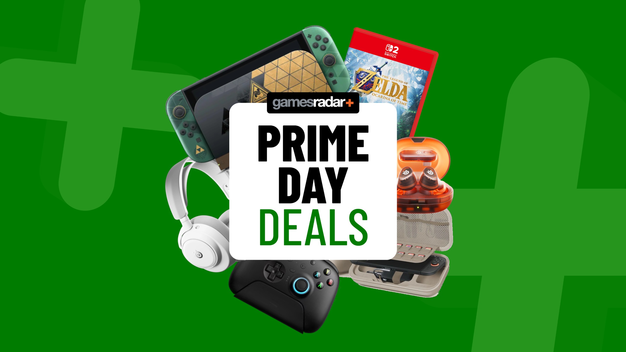 The Legend of Zelda Ocarina of Time Nintendo Switch game and accessories on a green background with Prime Day deals badge