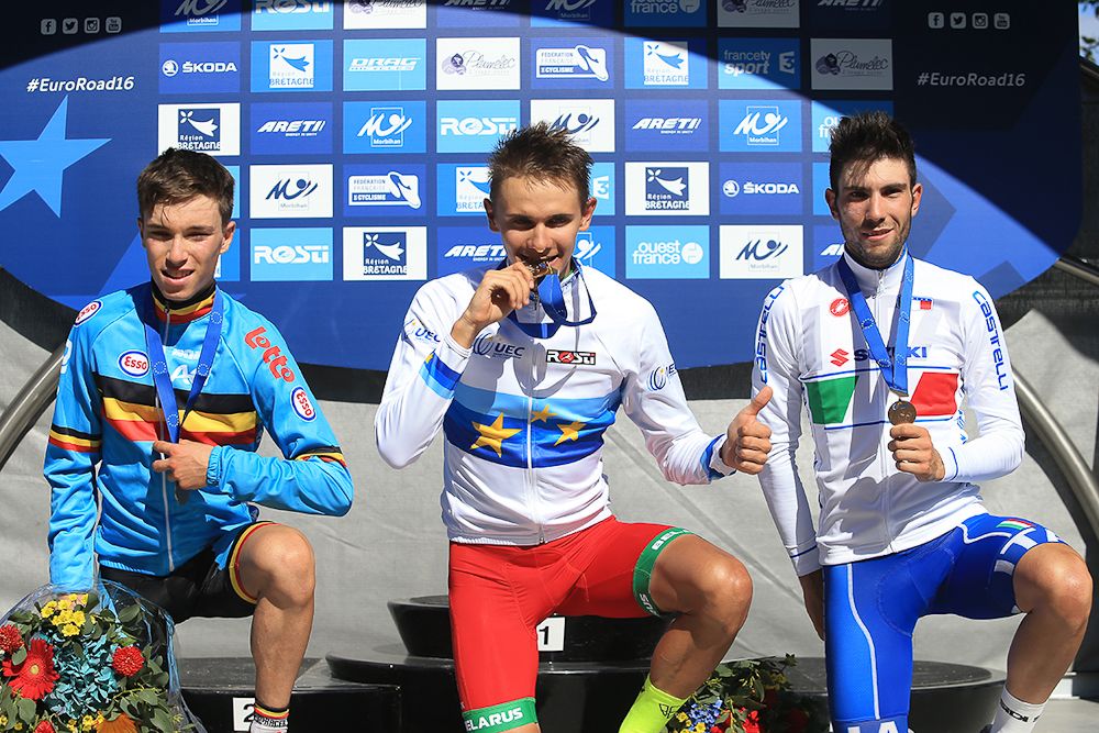 The European championships U23 podium: Bjorg Lambrecht (Belgium), Aliaksandr Riabushenko (Belarus) and Andrea Vendrame (Italy).
