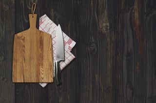 cutting board and linen napkin Copy space Top view