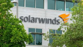 SolarWinds logo and branding pictured on an office building.