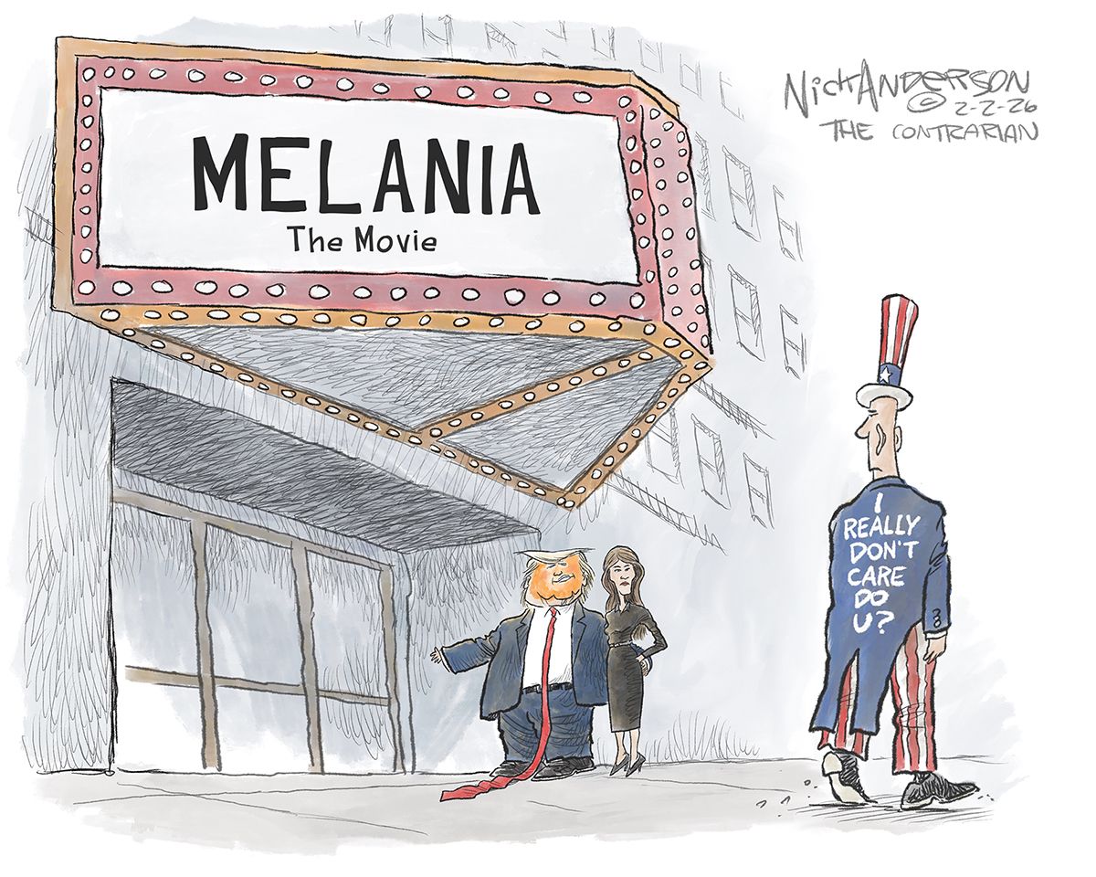 
                                Donald and Melania Trump walk into a theater advertising “Melania: The Movie” on its marquee. Uncle Sam walks by looking at them and his jacket has the words “I really don’t care do U?” written on the back.
                            