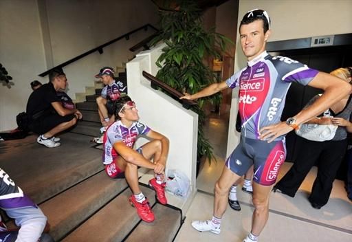 Silence-Lotto's Greg Van Avermaet and Staf Scheirlinckx (L-R) in their team hotel.