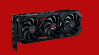 An image of a PowerColor Radeon RX 9070 XT Hellhound graphics card against a red background