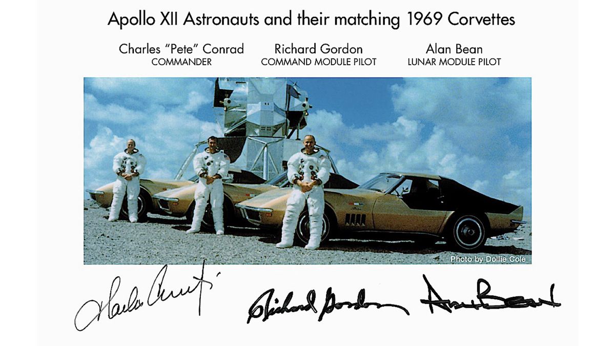 This autographed card shows the crew of Apollo 12 (Pete Conrad, Richard Gordon and Alan Bean) with their AstroVettes and a lunar lander in a crew portrait from 1969.