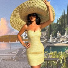 a collage of travel destinations including beach and hotel images and Cult Gaia designer Jasmin Larian wearing a dress and sun hat