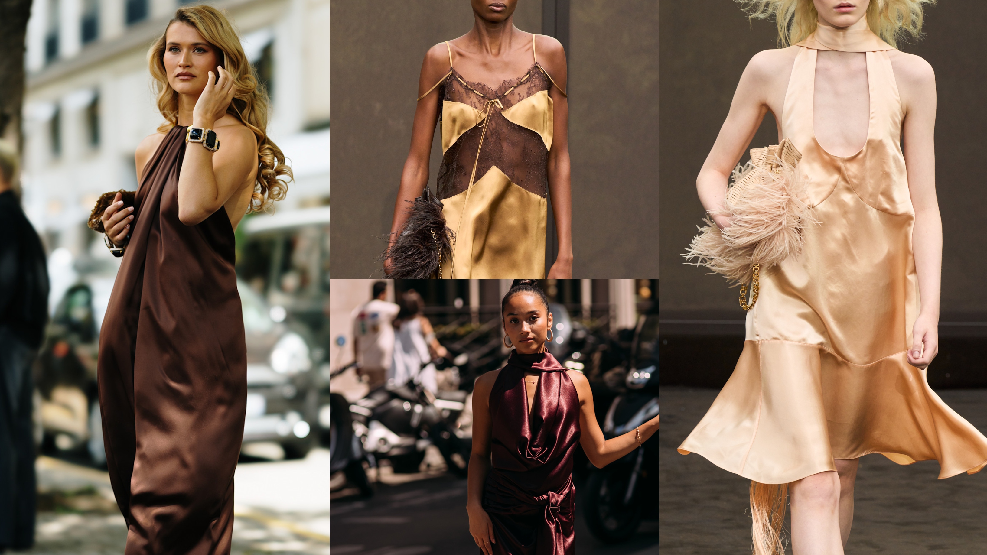 collage of women wearing slip dresses (brown slip dresses, cream slip dresses, beige slip dresses) 