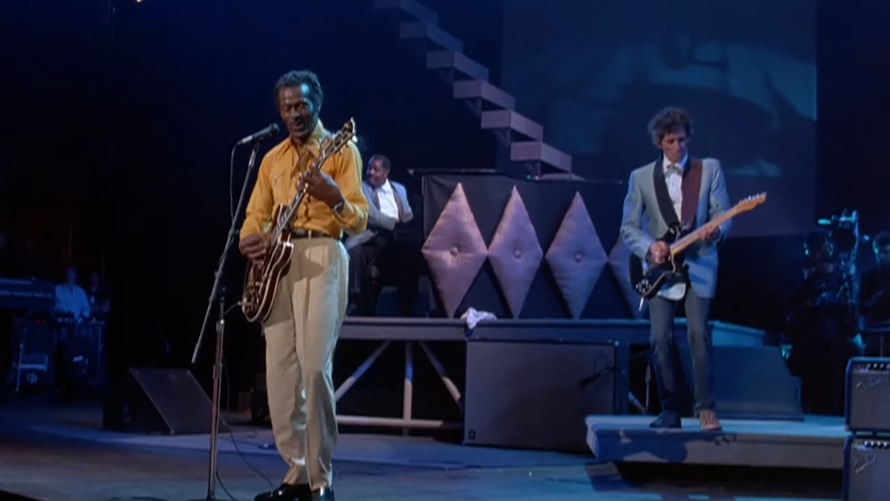 Chuck Berry and Keith Richards performing on stage in Hail! Hail! Rock 'n' Roll