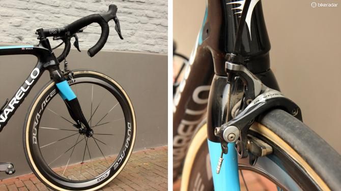 Some might question the wisdom of running 50mm-deep carbon wheels for such a pounding road surface but teams say they ride more smoothly than Shimano's 35mm-deep option. The Shimano Dura-Ace brake calipers were pretty dusty even just a short recon on the day before Paris-Roubaix