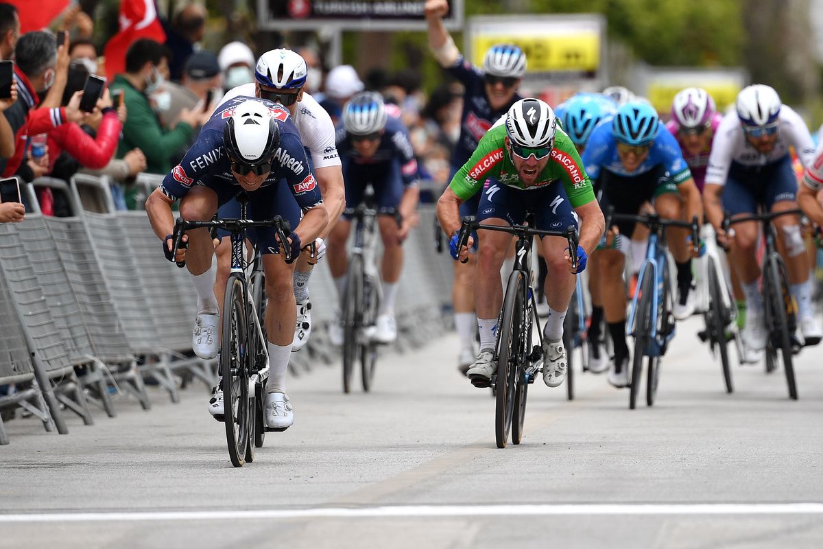 TURGUTREIS TURKEY APRIL 17 Jasper Philipsen of Belgium and Team AlpecinFenix Andre Greipel of Germany and Team Israel StartUp Nation Mark Cavendish of United Kingdom and Team Deceuninck QuickStep Green Points Jersey during the 56th Presidential Cycling Tour Of Turkey 2021 Stage 7 a 180km stage from Marmaris to Turgutreis TUR2021 tourofturkeyTUR on April 17 2021 in Turgutreis Turkey Photo by Stuart FranklinGetty Images