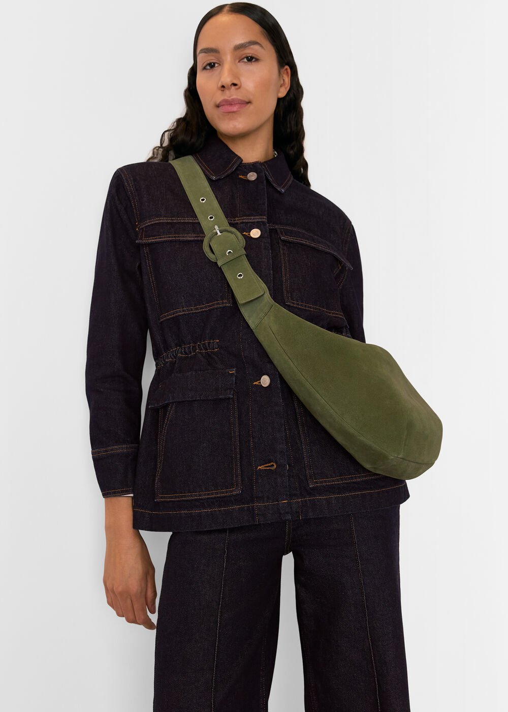 Khaki Sia Suede Curved Crossbody Bag