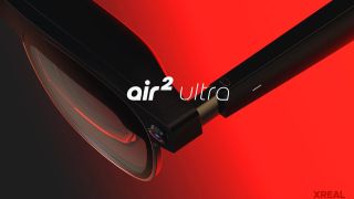 The Xreal Air 2 Ultra floating on a red background with "Air 2 Ultra" written in white in front of them