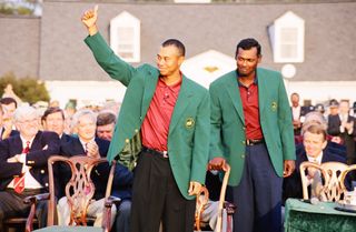Tiger Woods wearing the Green Jacket after winning the 2001 Masters