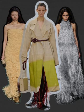 london fashion week trends, a collage of models wearing fringe clothing on the fall winter 2024 runway