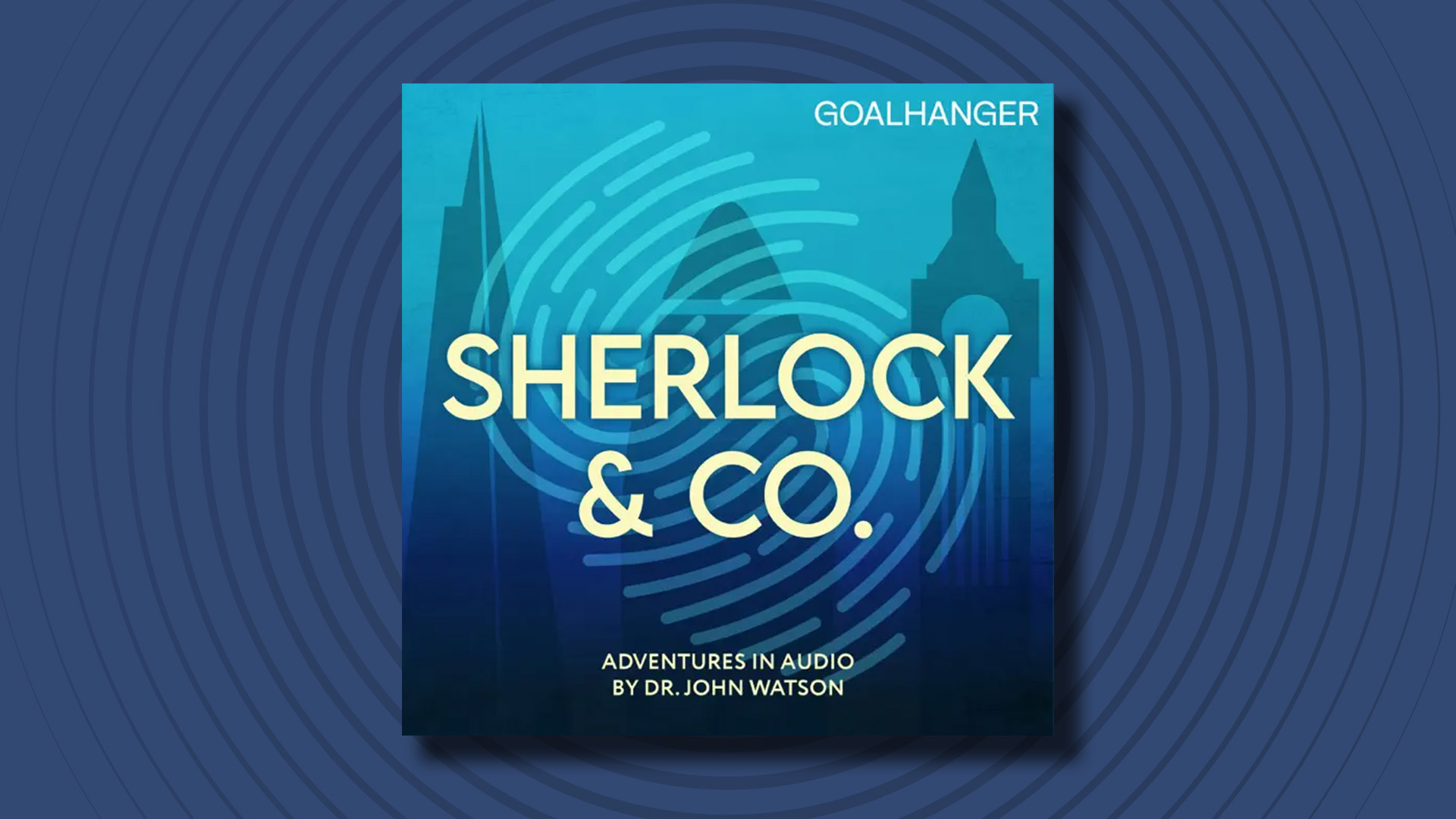 The logo of the Sherlock & Co. podcast on a dark blue background