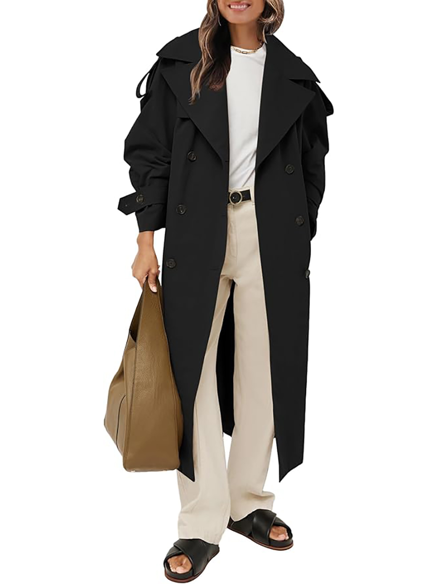 Farktop, Farktop Womens Oversized Long Trench Coat Double Breasted Lapel Windproof Overcoat With Belt