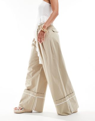 Mango Wide Leg Turn Up Trouser in Tan