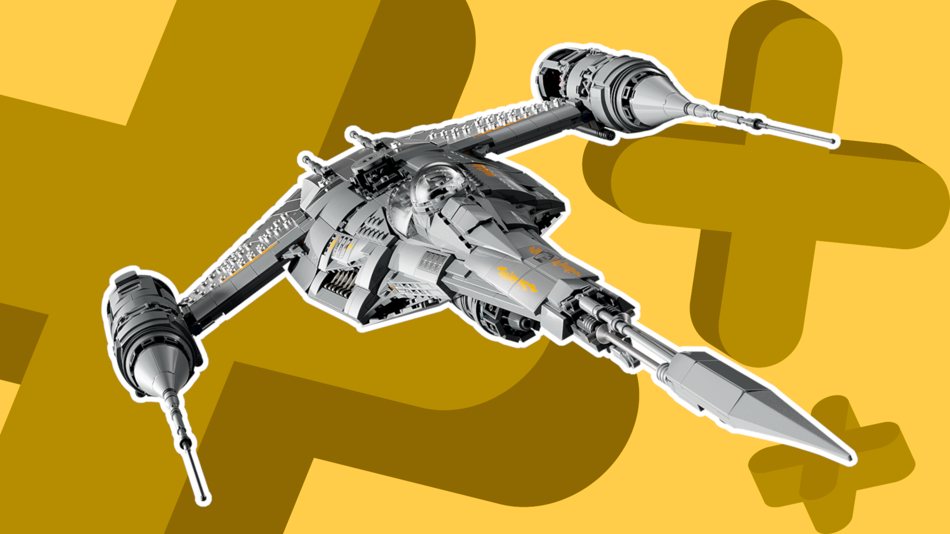 Lego The Mandalorian's N1 Starfighter outlined in white against a plain background