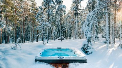 Hot tub in snow surrounded by trees