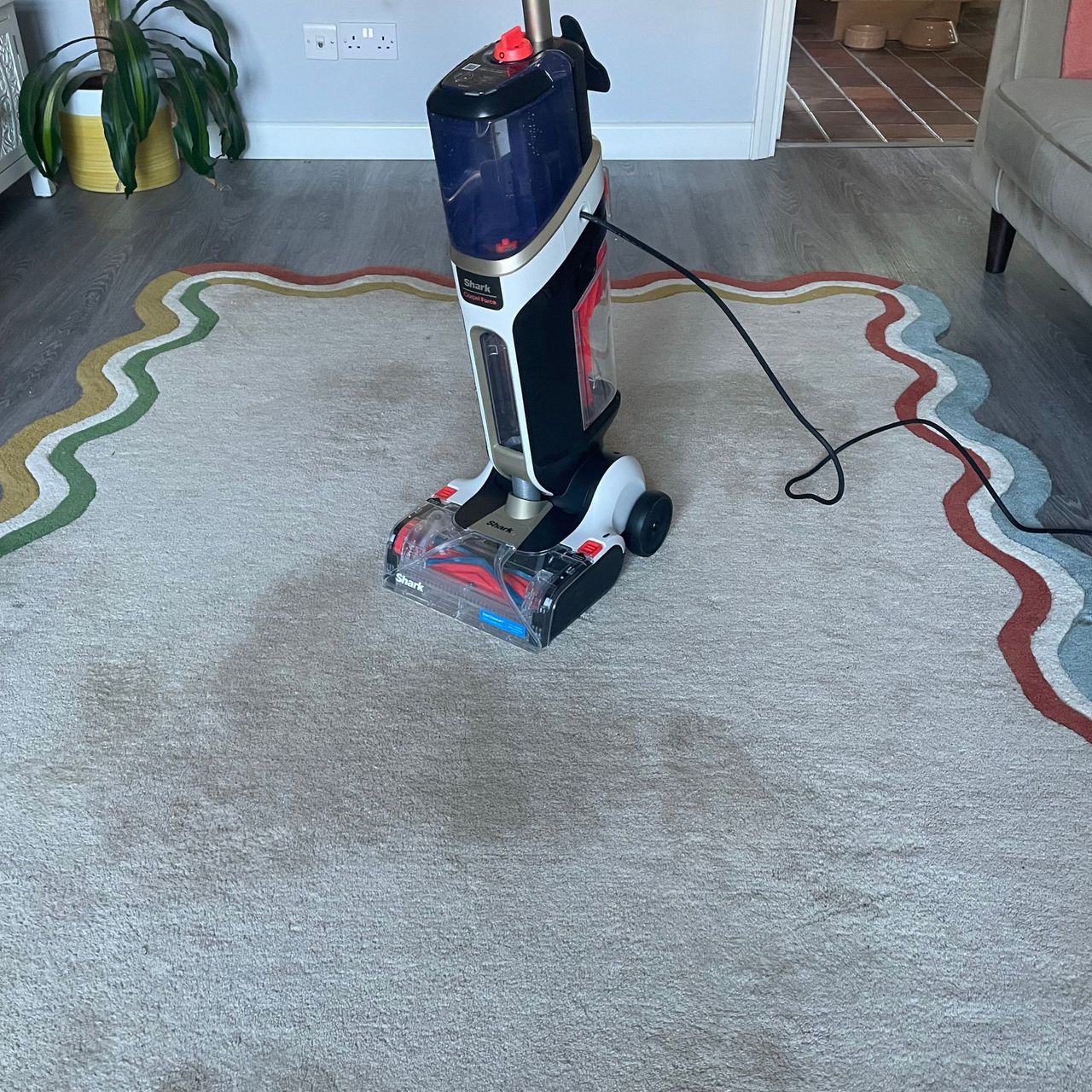 Shark CarpetForce Upright Carpet Cleaner sitting on a cream rug with wiggle edge