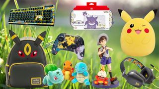 Pokemon merch and tech accessories on a grassy background