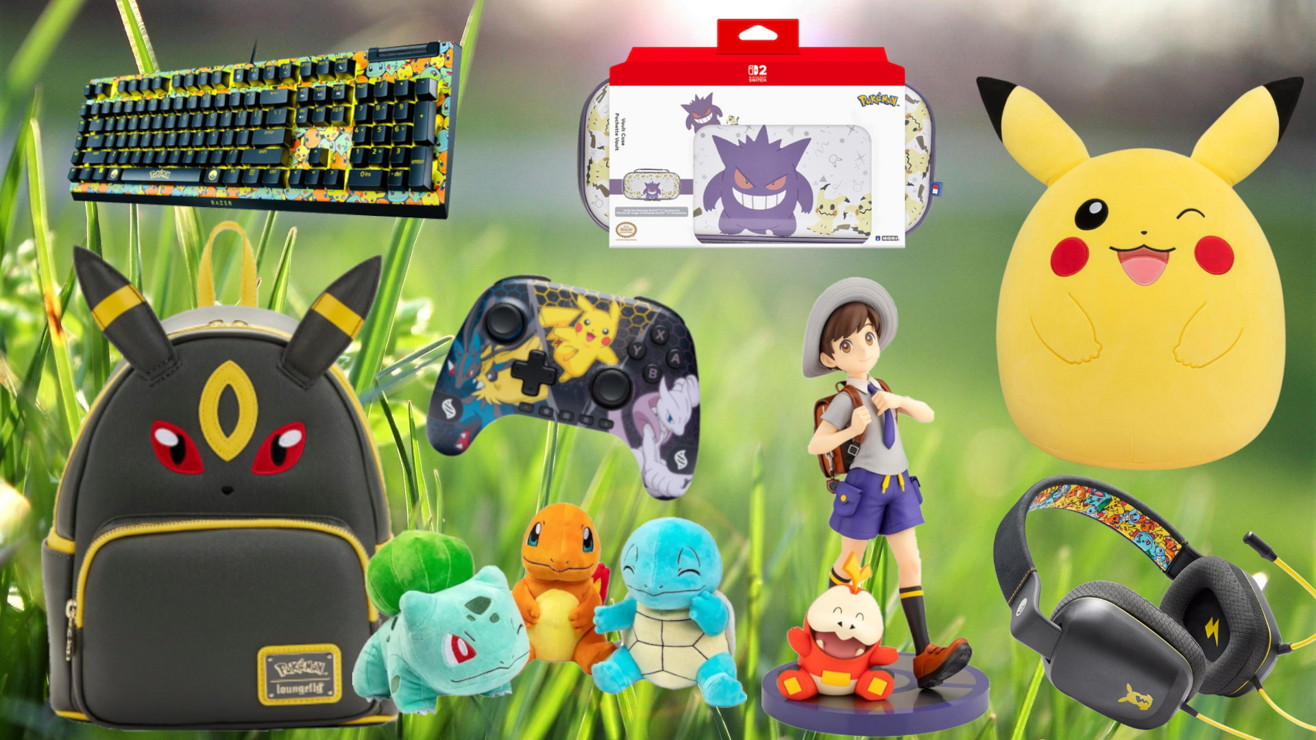 Pokemon merch and tech accessories on a grassy background