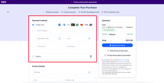 screenshot of Wix checkout process