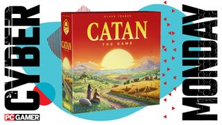 A Catan board game box on a Cyber Monday background