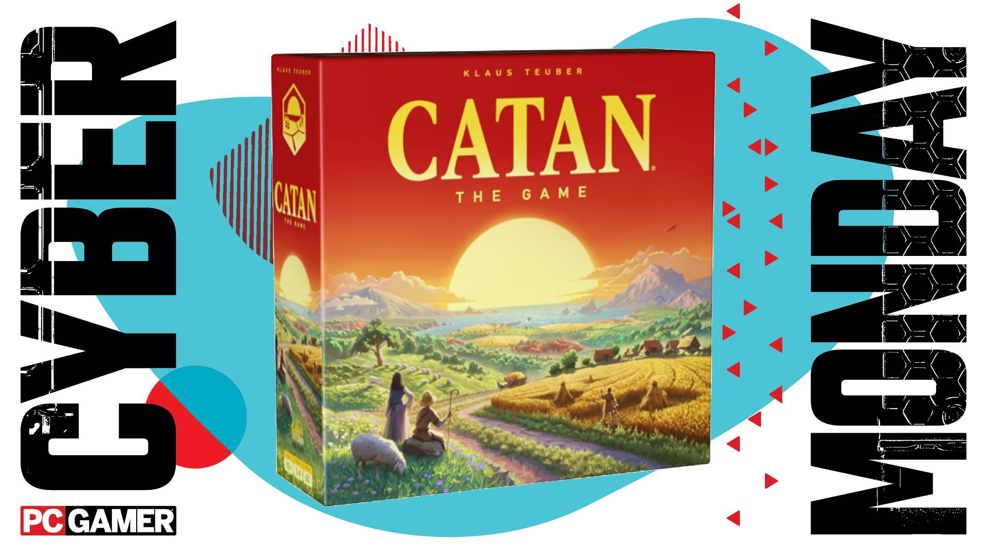 A Catan board game box on a Cyber Monday background
