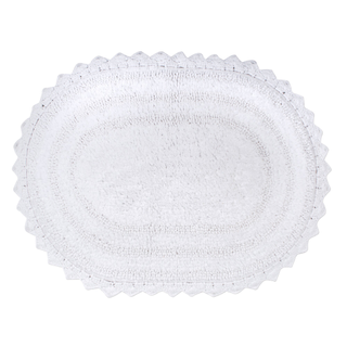 A white scalloped edge oval bath mat