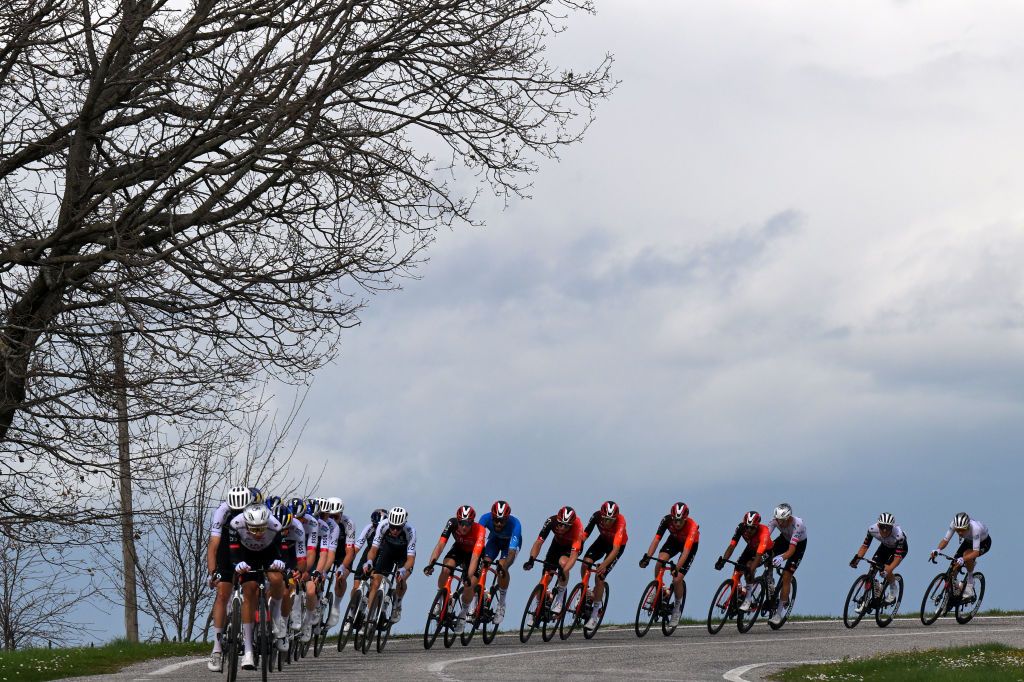FRONTIGNANO ITALY MARCH 15 Filippo Ganna of Italy and Team INEOS Grenadiers Blue Leader Jersey and a general view of the peloton competing during the 60th TirrenoAdriatico 2025 Stage 6 a 163km stage from Cartoceto to Frontignano 1324m UCIWT on March 15 2025 in Frontignano Italy Photo by Tim de WaeleGetty Images
