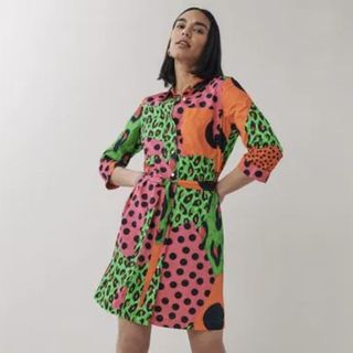 Multicolored mini shirt dress with polka dot and animal print