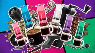 Collection of colourful AeroPress coffee makers on pop-art style background with coffee beans and coffee grinders