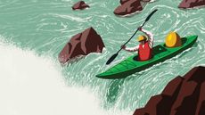 Illustration of a kayaker going over a waterfall with a gold next egg