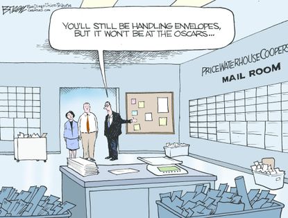 Editorial Cartoon U.S. PreiceWaterhouseCoopers Oscars envelope mistake demoted mailroom