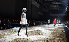 Female models on the fashion runway for Moncler Gamme Rouge A/W 2015 modelling the posh equestrian themed collection