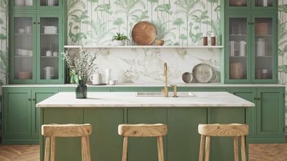 Green kitchen with island and stools