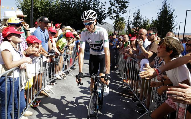 Combination leader Chris Froome (Team Sky) rolls to the start of stage 12 at the Vuelta a Espana