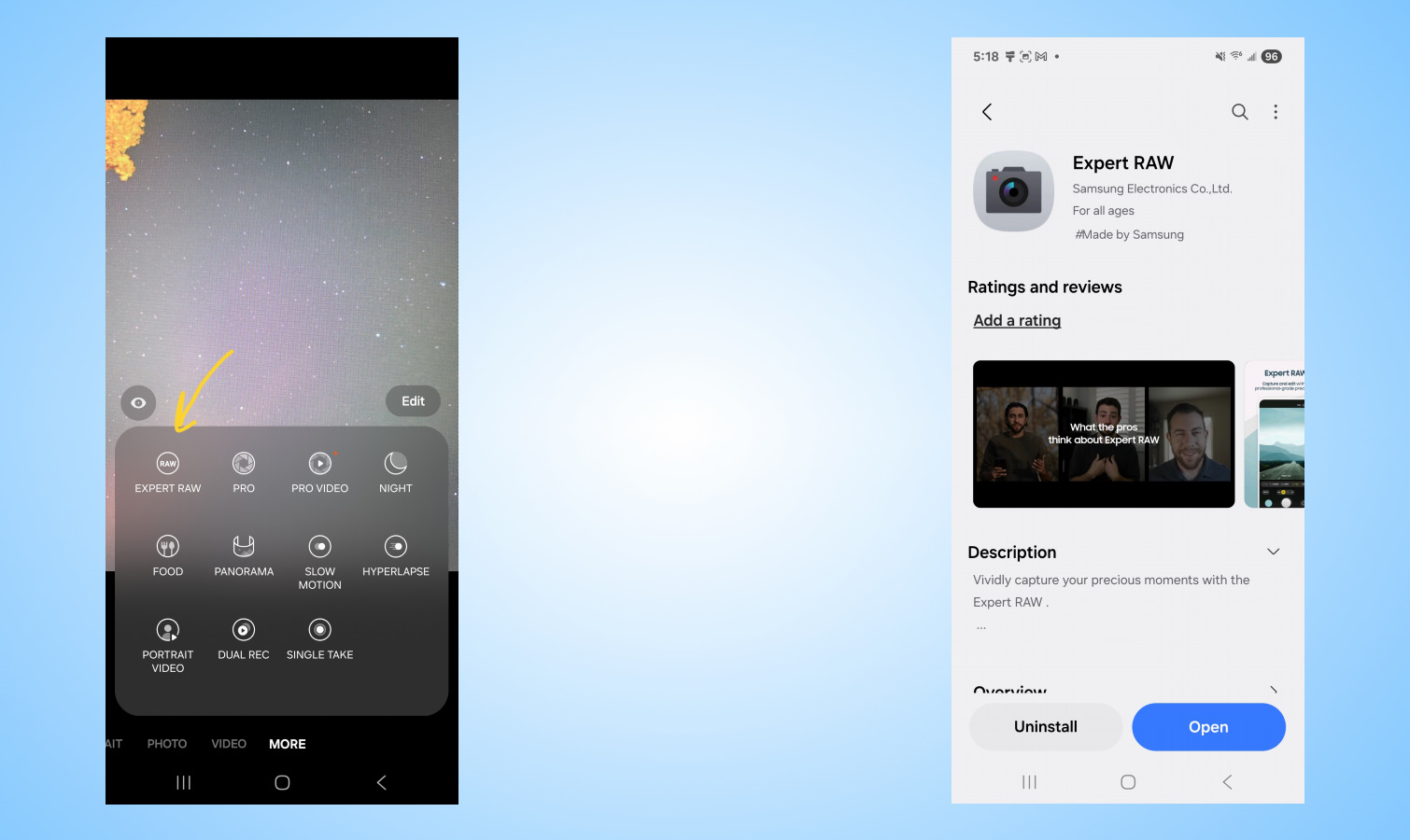 Screen shots of Galaxy S25 Edge astrophotography mode.