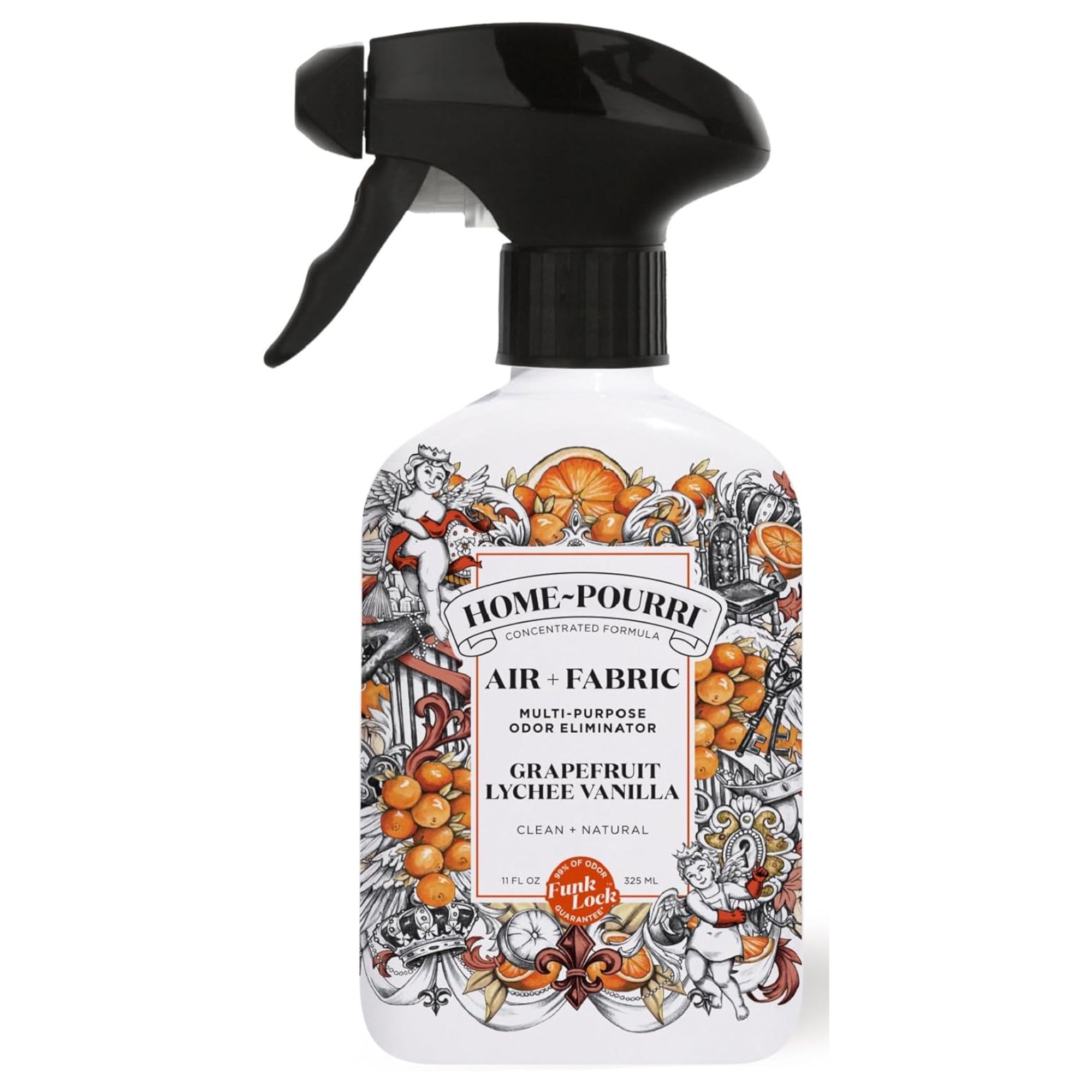 A white spray bottle of odor eliminator with an orange and black label.