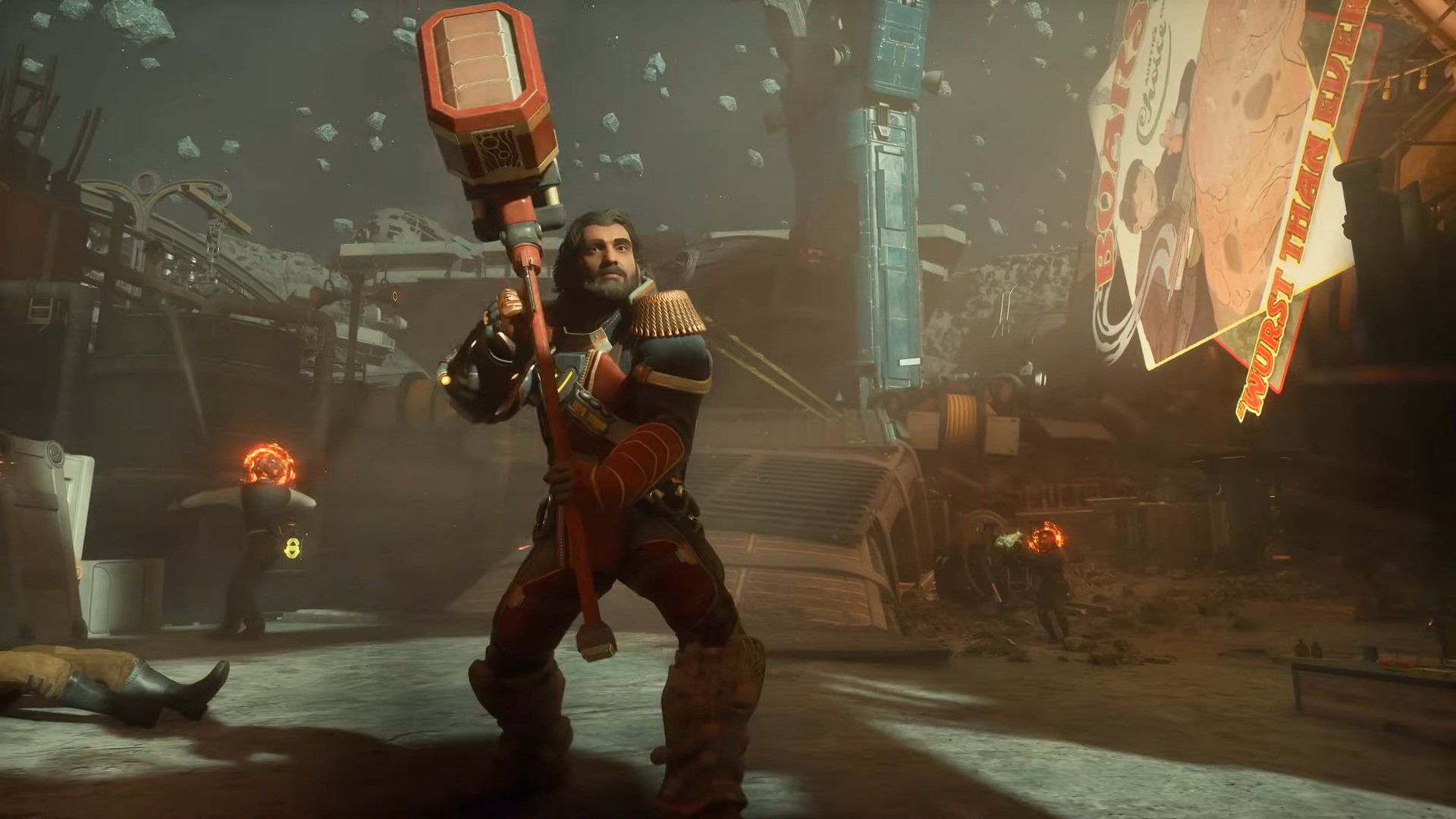 The Outer Worlds 2 screenshot of companion Tristian who wears armor and wields a giant two-handed hammer-like weapon