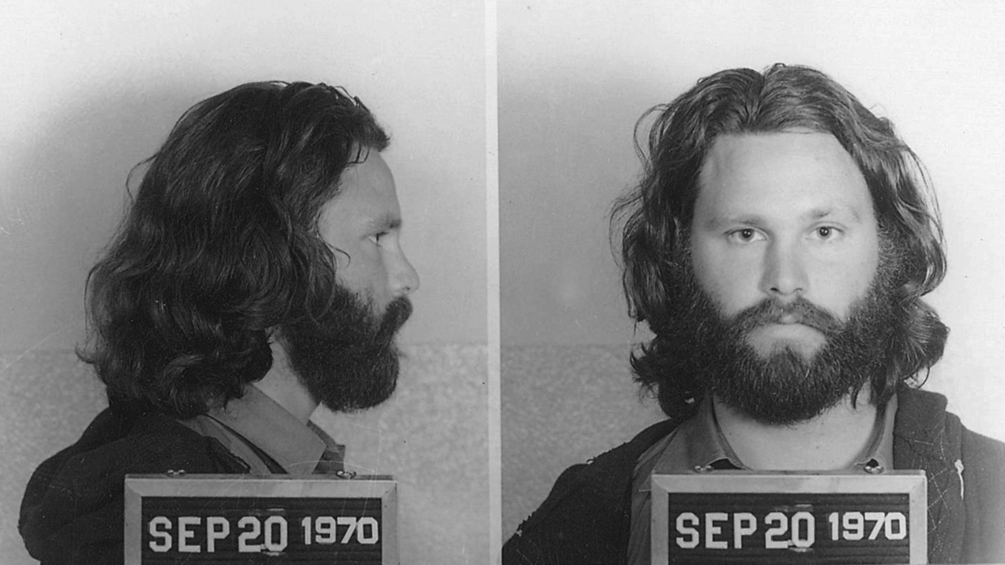Singer Jim Morrison of The Doors mugshot on September 20, 1970 in Dade County, Florida