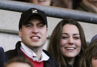 Prince William and Kate Middleton in the stands at a rugby game in 2007