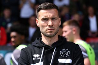 Head coach Mat Sadler of Walsall during the pre-season friendly match between Walsall and Aston Villa at Poundland Bescot Stadium on July 15, 2023 in Walsall, United Kingdom. (Photo by Barrington Coombs/Getty Images)